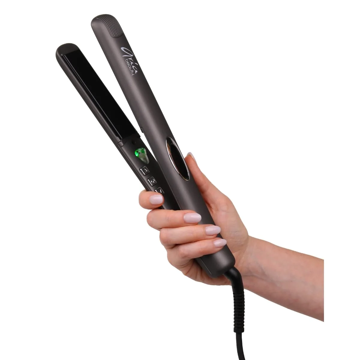 Hand holding the Aria Beauty straightener