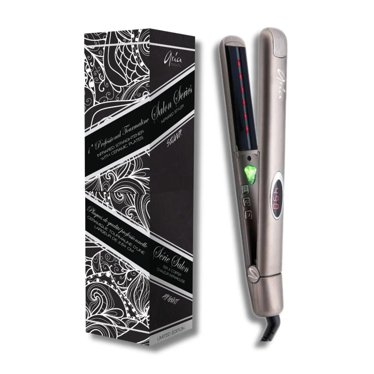 Aria Beauty 1 inch Silver Infrared Tourmaline Straightener beside its decorated box