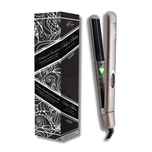 Aria Beauty 1 inch Silver Infrared Tourmaline Straightener beside its decorated box